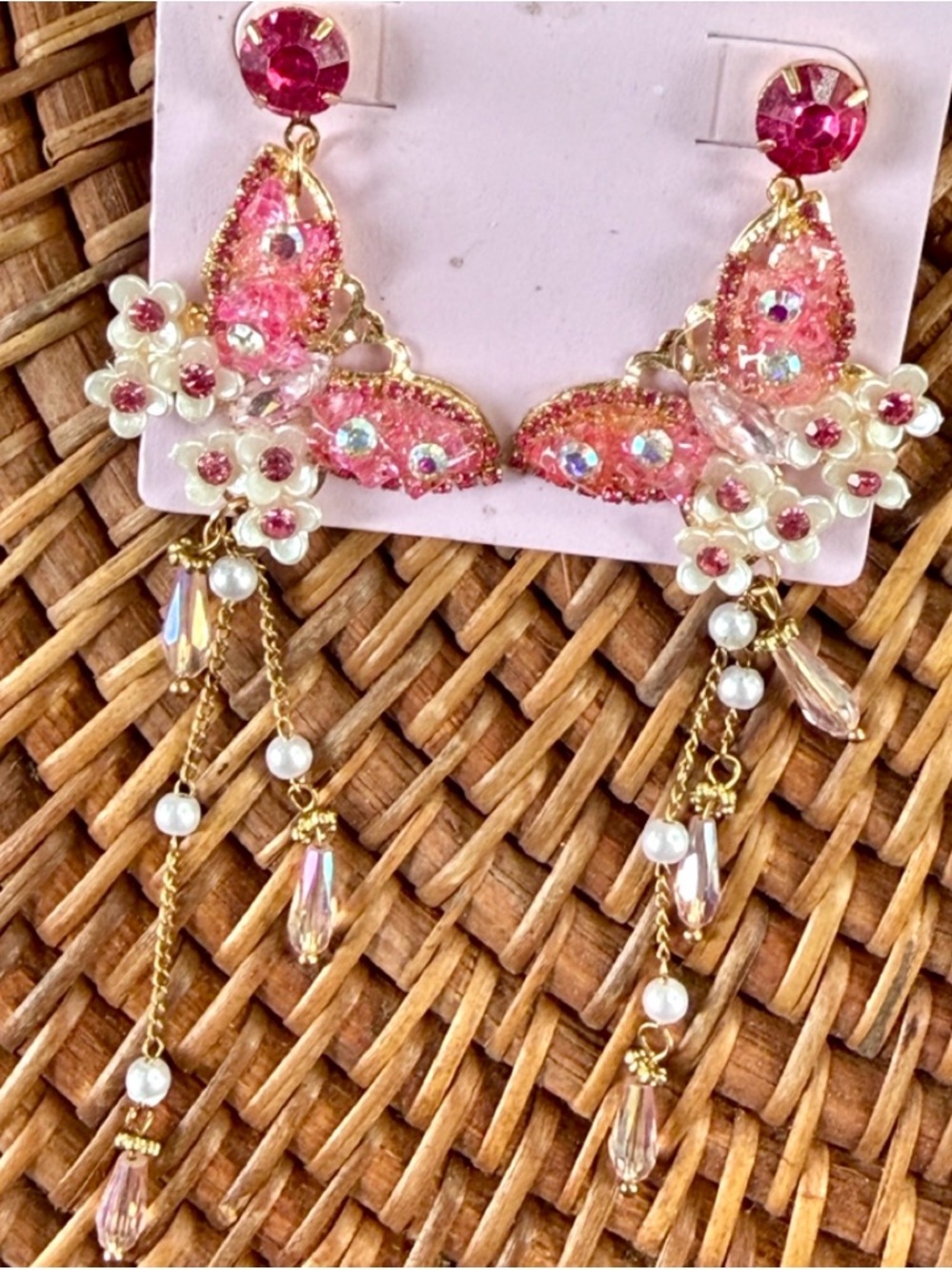 Nordstrom Pink Floral Butterfly Dangling Earrings New Crystal-Beads-